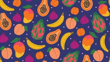 Seamless pattern with cartoon tropical fruits like banana, papaya, dragon fruit, fig, peach, mango, and apricot. Bright juicy design in flat style with messy layout and cheerful summer vibe. vector