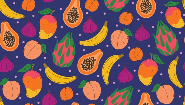 Seamless pattern with cartoon tropical fruits like banana, papaya, dragon fruit, fig, peach, mango, and apricot. Bright juicy design in flat style with messy layout and cheerful summer vibe.