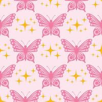 Pink seamless pattern in cartoon flat style with cute pink butterfly and tiny stars on soft background. vector
