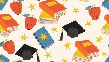 Seamless pattern in back to school theme with cartoon flat style books, student hat, red apple, notebook and tiny stars. vector
