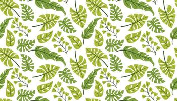 Bright seamless design with palm and monstera leaves scattered in fun arrangement. vector