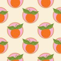 Seamless pattern with orange fruit and green leaf stickers in cartoon flat style, arranged in polka dot order on light background. vector