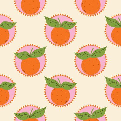 Seamless pattern with orange fruit and green leaf stickers in cartoon flat style, arranged in polka dot order on light background.