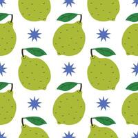 Seamless pattern with green lime and stars in cartoon flat style, arranged in polka dot order on white background. vector