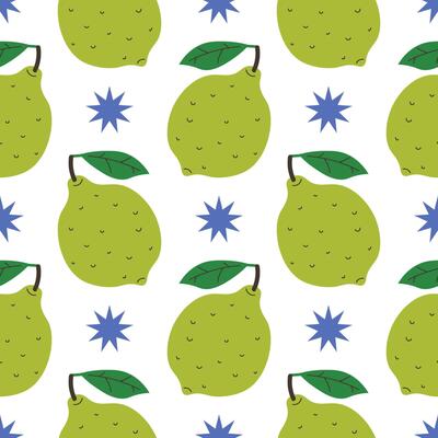 Seamless pattern with green lime and stars in cartoon flat style, arranged in polka dot order on white background.