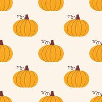 Seamless pattern with yellow pumpkin in cartoon flat style on light beige background. vector