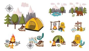 Set of camping theme compositions in cartoon flat style with fireplace, tent, boots, compass, mountains. vector
