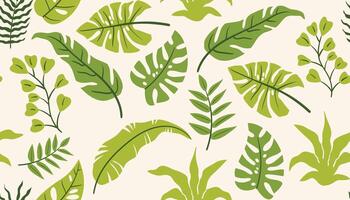 Colorful tropical leaf pattern featuring palm and monstera in a playful flat cartoon look. vector