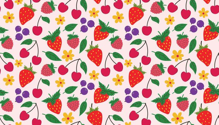 Vibrant fruity pattern with cartoon strawberries, raspberries, blueberries, cherries, flowers and green leaves scattered randomly.