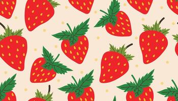Seamless pattern with bright red strawberries and tiny dots on a soft background. vector