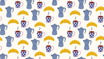 Repeating cartoon pattern of coffee makers, croissants, and hot mugs on soft background. vector