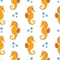 Seamless pattern with kawaii seahorse and water bubble in cartoon flat style, arranged in polka dot order on white background. vector
