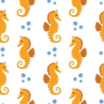 Seamless pattern with kawaii seahorse and water bubble in cartoon flat style, arranged in polka dot order on white background.