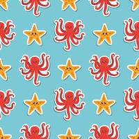 Seamless pattern with kawaii octopus and sea star stickers in cartoon flat style, arranged in polka dot order on blue background. vector