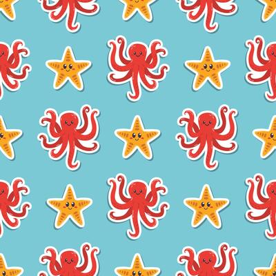 Seamless pattern with kawaii octopus and sea star stickers in cartoon flat style, arranged in polka dot order on blue background.