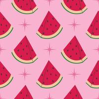 Pink seamless pattern with watermelon slice and star in cartoon flat style, arranged in polka dot order on light pink background. vector