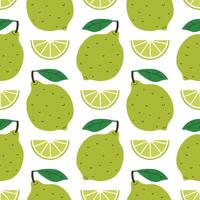 Seamless pattern with whole green lime and lime wedge in cartoon flat style, arranged in polka dot order on white background. vector