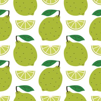 Seamless pattern with whole green lime and lime wedge in cartoon flat style, arranged in polka dot order on white background.
