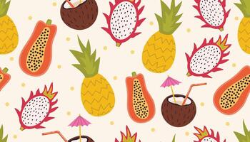 Colorful repeating pattern with cartoon pineapples, papayas, coconuts, and dragon fruits in a tropical summer vibe. vector