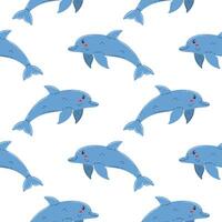 Seamless pattern with kawaii blue dolphin in cartoon flat style, arranged in polka dot order on white background. vector