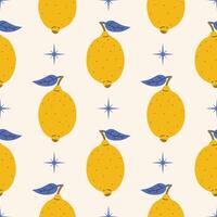 Seamless pattern with yellow lemon and star in cartoon flat style, arranged in polka dot order on light background. vector