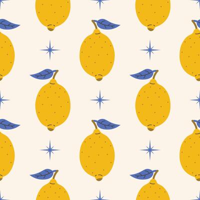 Seamless pattern with yellow lemon and star in cartoon flat style, arranged in polka dot order on light background.