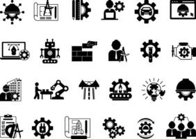 Black Engineering Icon Set. Illustrations Engineer, Construction, Drawing, Manufacturing, Mechanical Engineering, Design, Robotics, IT Engineering, Architect, Electrical, and More vector