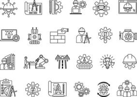 Engineering Icon Set. Illustrations Engineer, Construction, Drawing, Manufacturing, Mechanical Engineering, Design, Robotics, IT Engineering, Architect, Electrical, and More vector