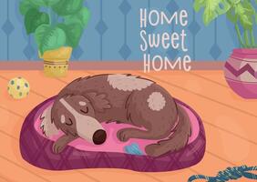 Postcard with a dog sleeping in a bed vector