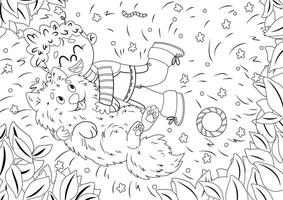 Coloring page Boy and dog lying in the grass on a summer day vector