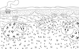 Coloring page with sheep grazing in the meadow vector