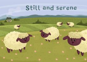 Postcard with sheep grazing in a meadow, a house and mountains are visible in the distance vector