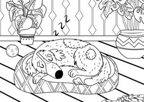 Coloring page with a dog sleeping in a bed vector