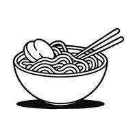 Cute Minimalist Ramen Bowl with Floating Chopsticks and Kawaii Line Art on White BG vector