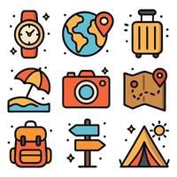 Flat Design Summer Vacation Travel Tourism and Adventure Element Icon Set vector