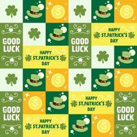Collage pattern of St. Patrick Day symbols including clovers, hats, and coins, illustration vector