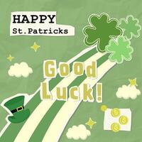 Happy St. Patrick Day design with clovers, leprechaun hat, and good luck message, illustration vector