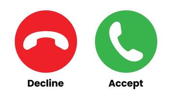 Phone call icons. Accept call and decline button. Green and red buttons with handset silhouettes. vector
