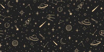 Space star seamless pattern. Hand drawn doodle sketch line style galaxy planet star, rocket, moon cute kid seamless pattern. Space planet kid doodle background. vector
