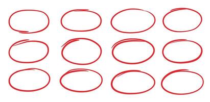 Hand drawn red oval set. Hand drawn doodle marker, pen stroke line highlight oval frame. Scribble round frame for text highlight. Grunge scratch style vector