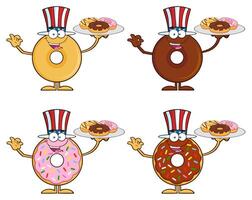 Cartoon Donut Characters With American Hats Holding Trays Of Colorful Doughnuts vector