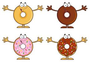 Friendly Donuts With Sprinkles, Glaze And Open Arms In Cartoon Style vector