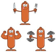 Strong Sausage Character Collection With Muscles, Dumbbells And Cutlery vector