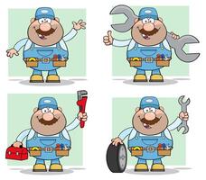 Cartoon Mechanic Character Collection With Tools And Spare Tire vector