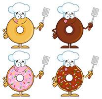 Funny Doughnut Mascots Wearing Chef Hats And Holding Cooking Utensils vector