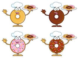 Donut Chef Characters With Sprinkles, Chocolate Glaze And Baker Hats vector
