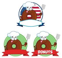 Cartoon Donut Characters Collection With Chef Hats, Sprinkles, Signs, Flags, and Fun Poses vector