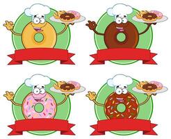 Donut Characters Inside Green Circle Badge With Red Ribbon Banner vector