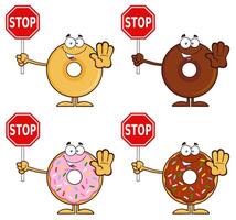 Cartoon Donut Characters Holding Stop Signs And Raising Hands To Warn vector