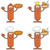 Sausage Chef Character Collection With Pizza, Pasta And Cooking Hats vector